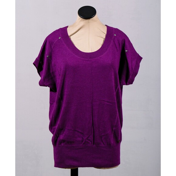 Calvin Klein Purple Wool Blend Short Sleeve Tapered Fitted Pullover Sweater Sz M - Picture 2 of 5